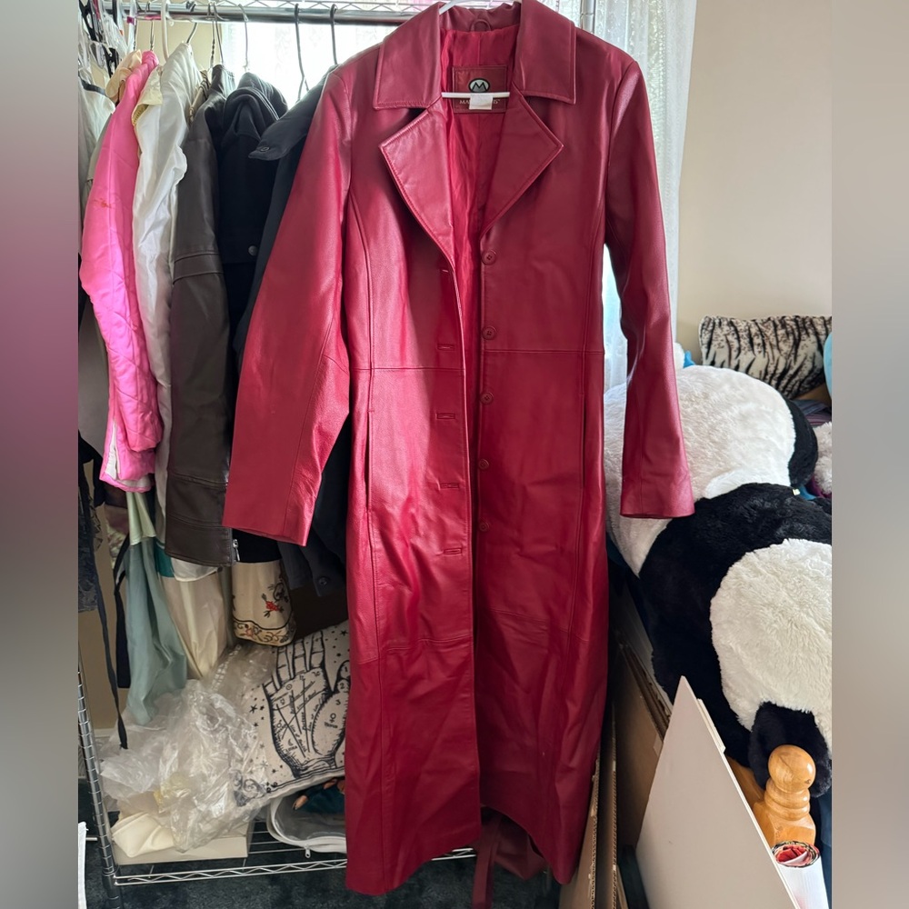 Red leather long trench coat